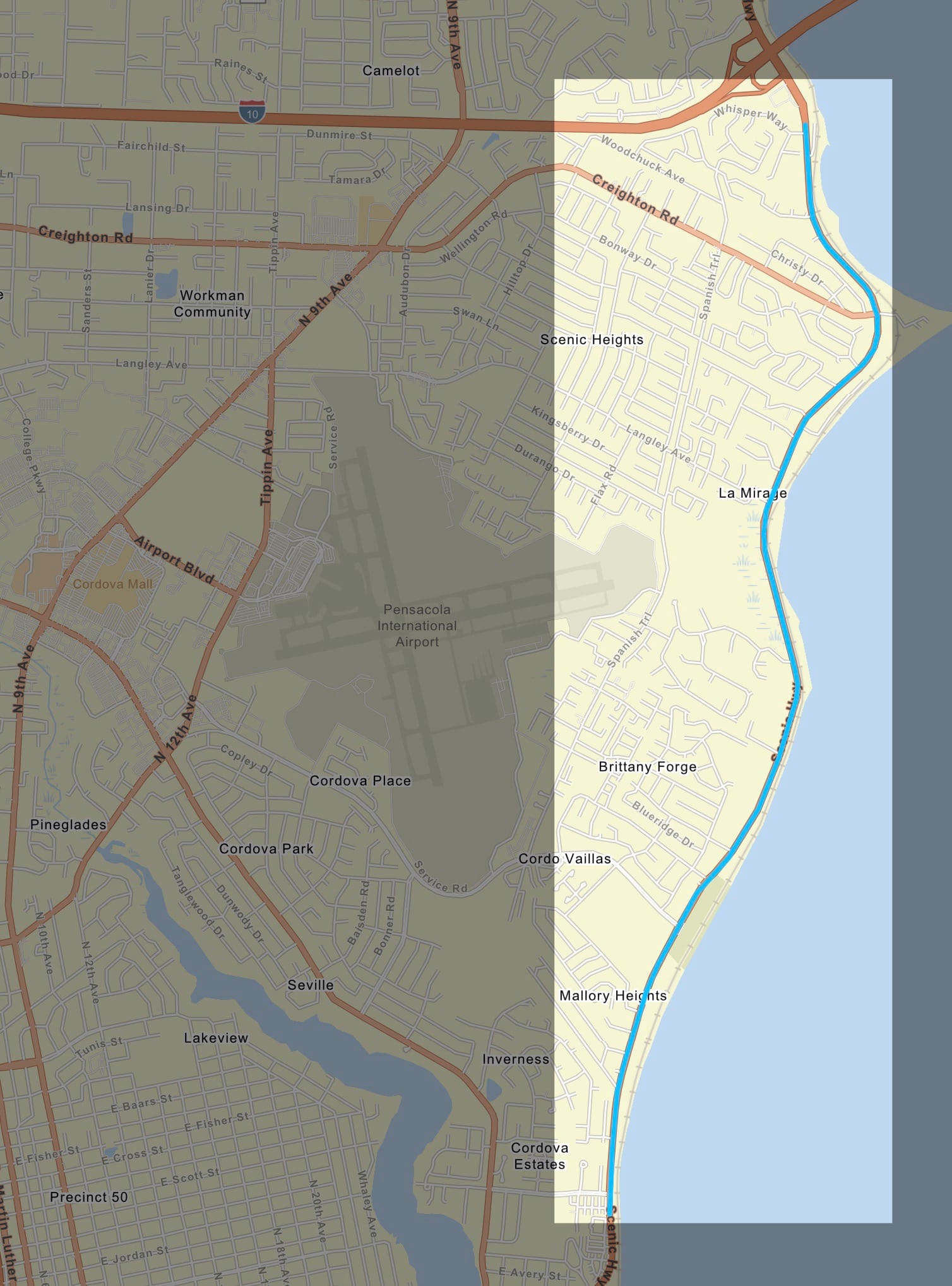 A map showing construction on Scenic Highway in Pensacola.