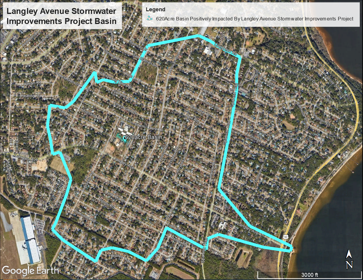 A map of the 620-acre Langley stormwater basin.