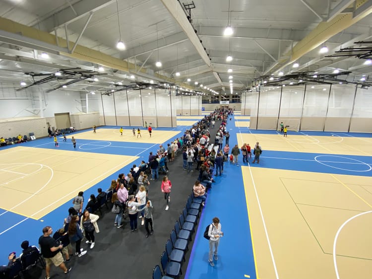 A second-floor view looking down on the courts at the Foley (Ala.) Event Center at a futsal tournament in January 2020.